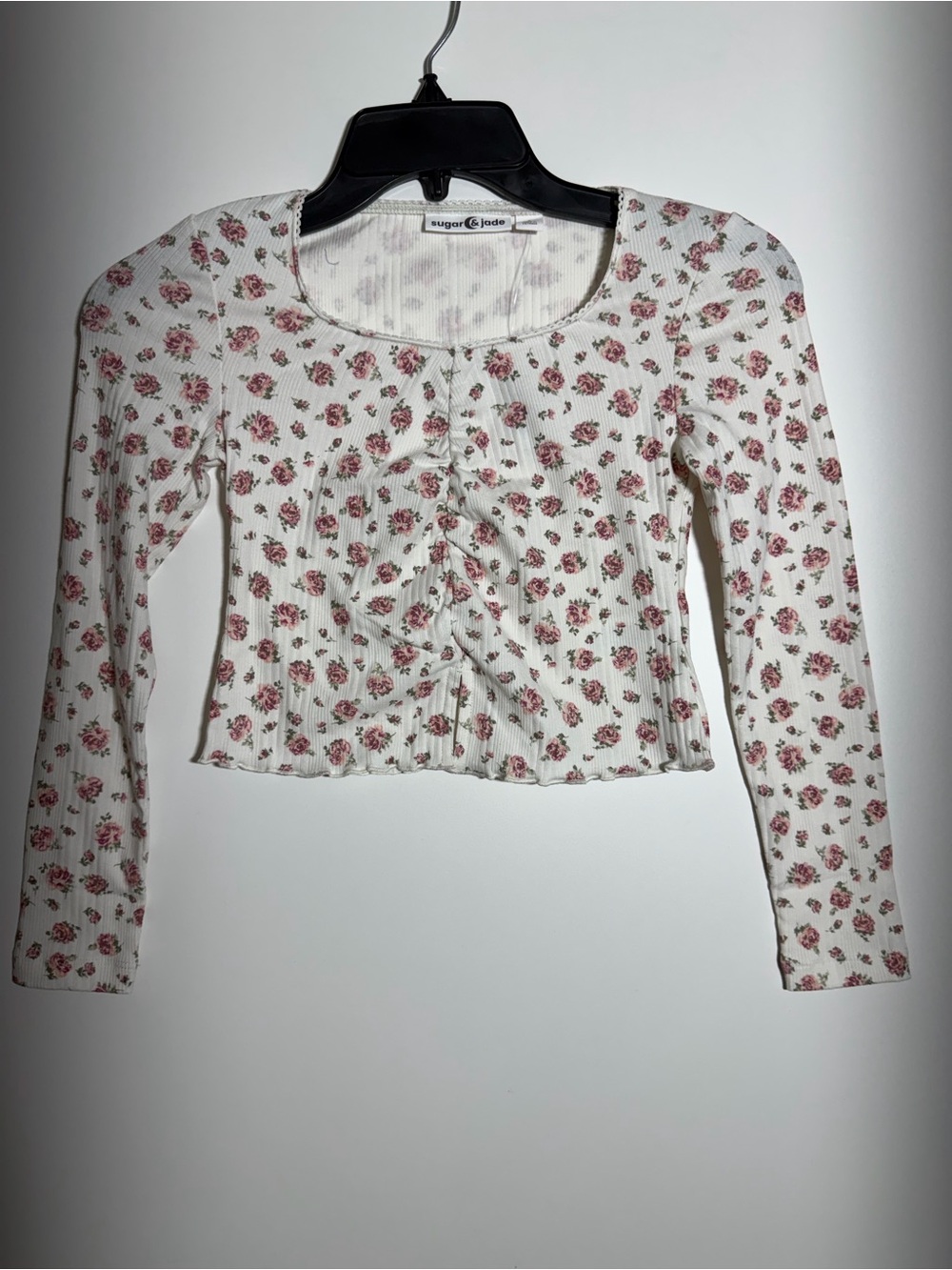 Sugar & Jade White Floral Square Neck Ribbed Knit Cropped Top Stretch Size S